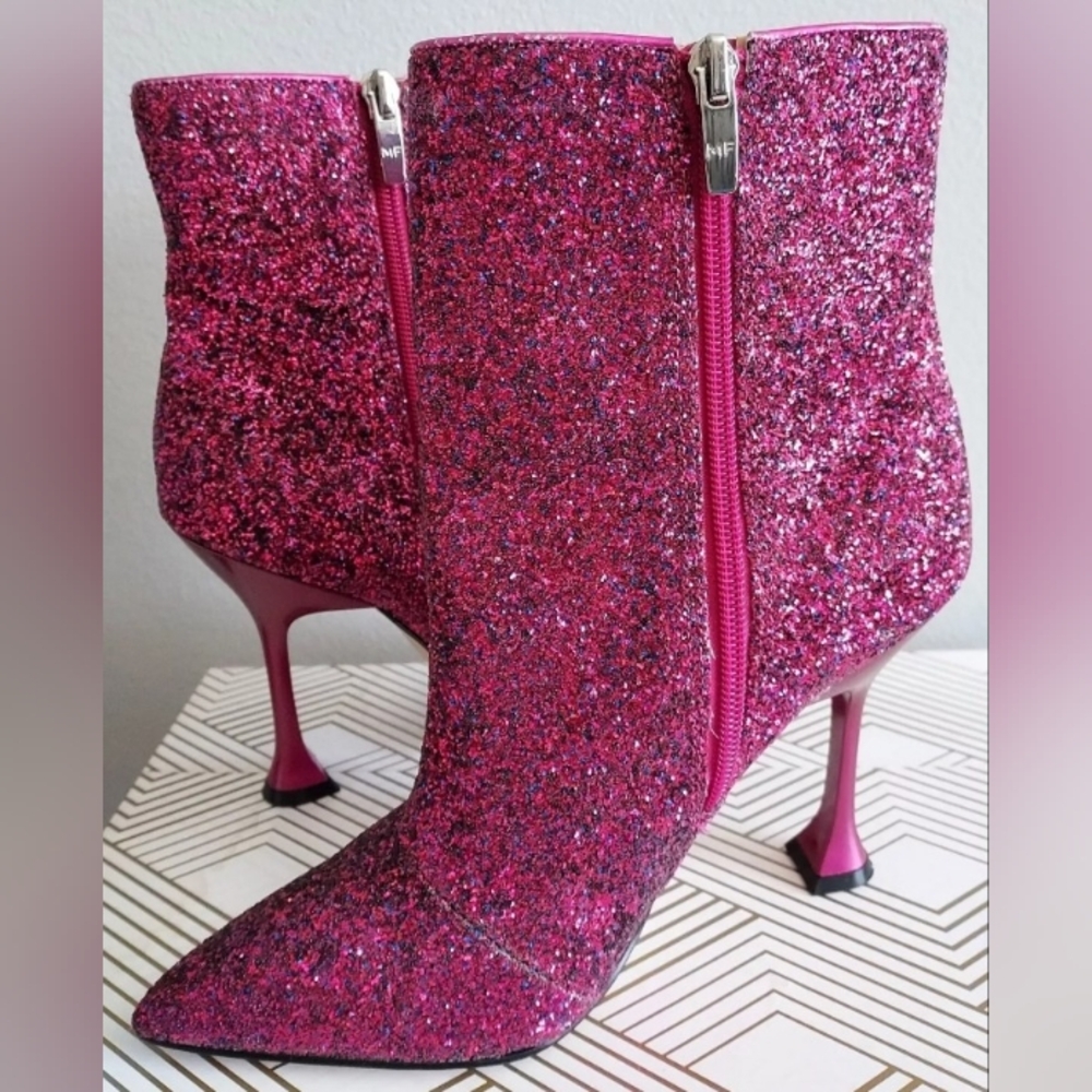 Marc Fisher Stolla Pink Glitter Pointed Toe Helled Booties Size 7M